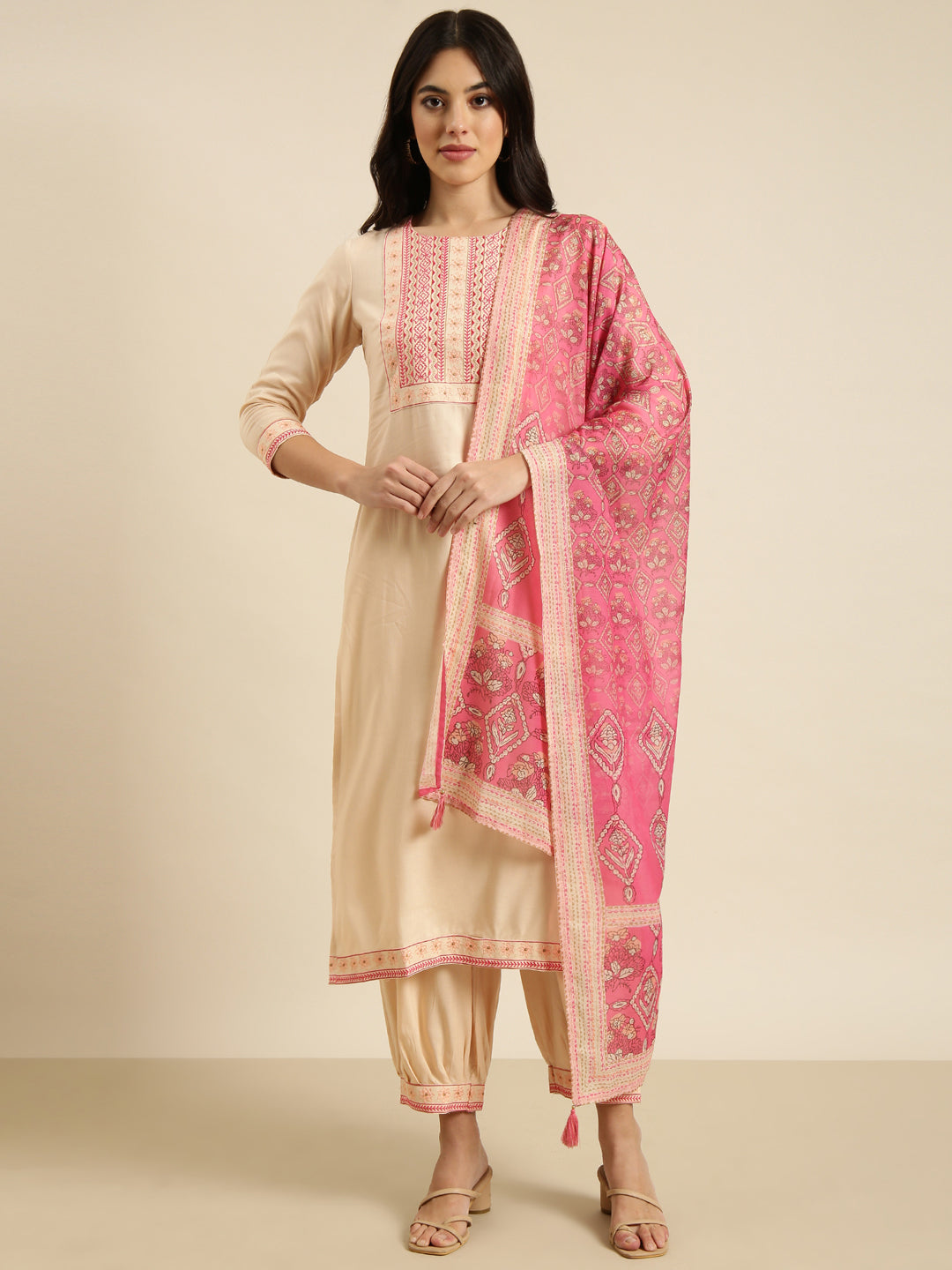 Women Straight Peach Solid Kurta and Patiala Set Comes With Dupatta