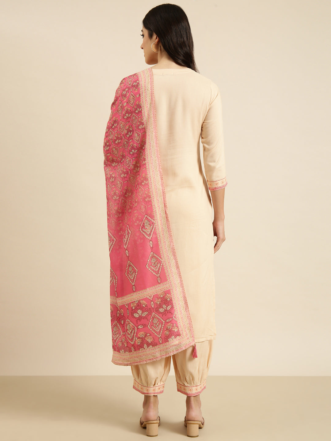 Women Straight Peach Solid Kurta and Patiala Set Comes With Dupatta