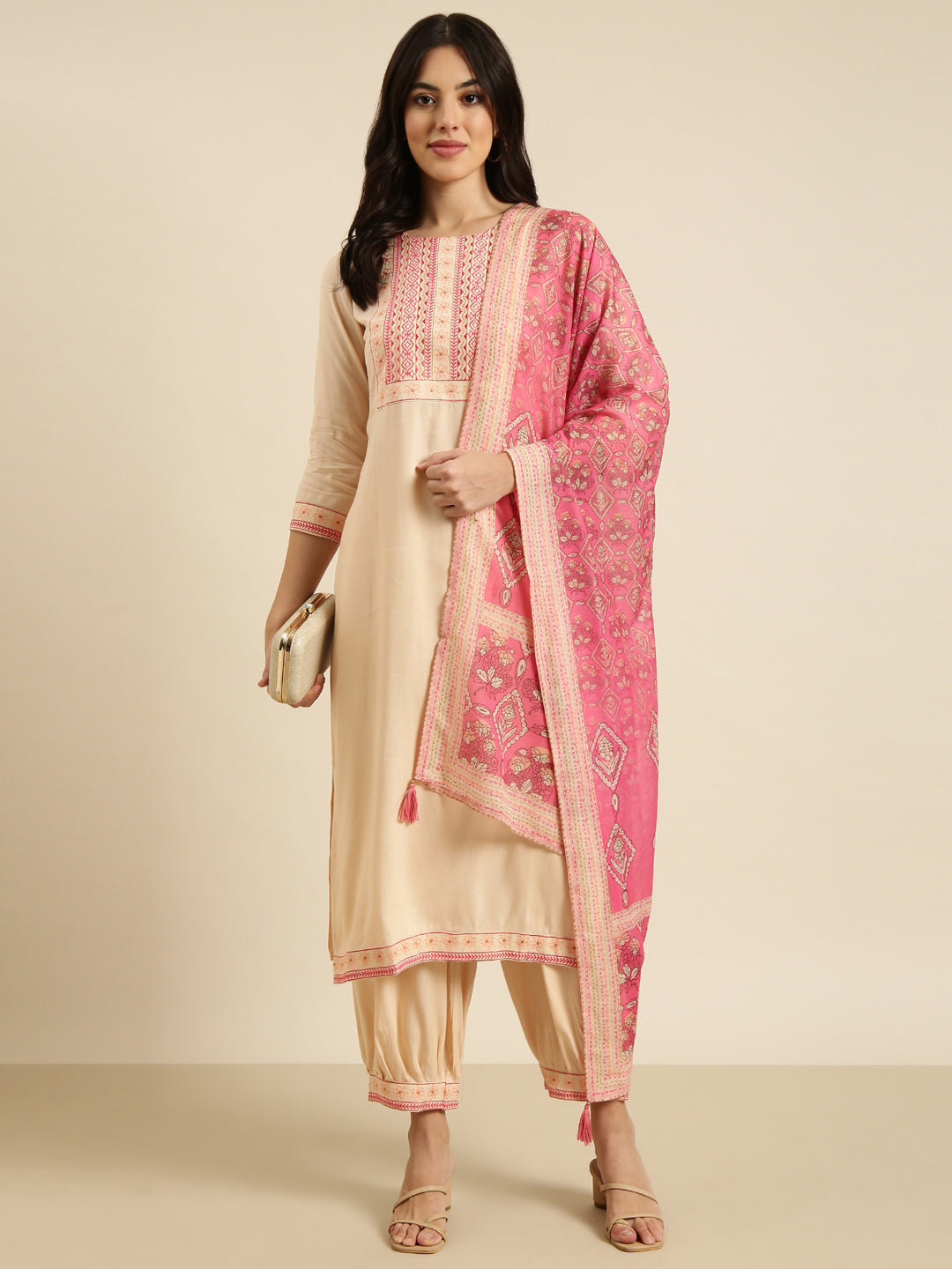 Women Straight Peach Solid Kurta and Patiala Set Comes With Dupatta