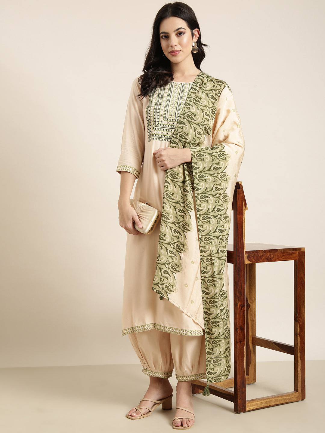 Women Straight Beige Solid Kurta and Patiala Set Comes With Dupatta