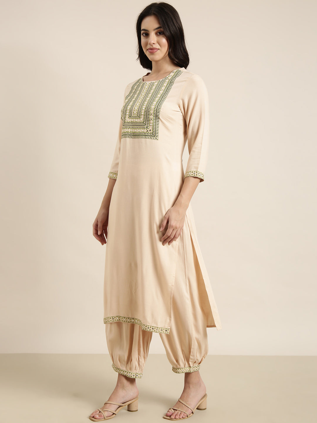 Women Straight Beige Solid Kurta and Patiala Set Comes With Dupatta