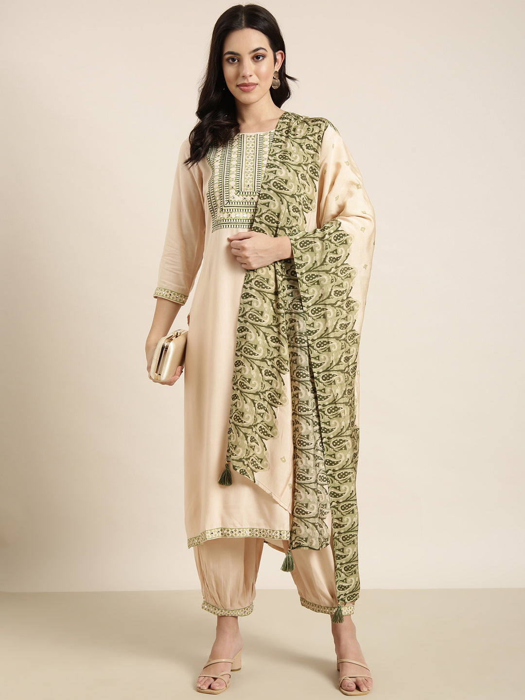 Women Straight Beige Solid Kurta and Patiala Set Comes With Dupatta