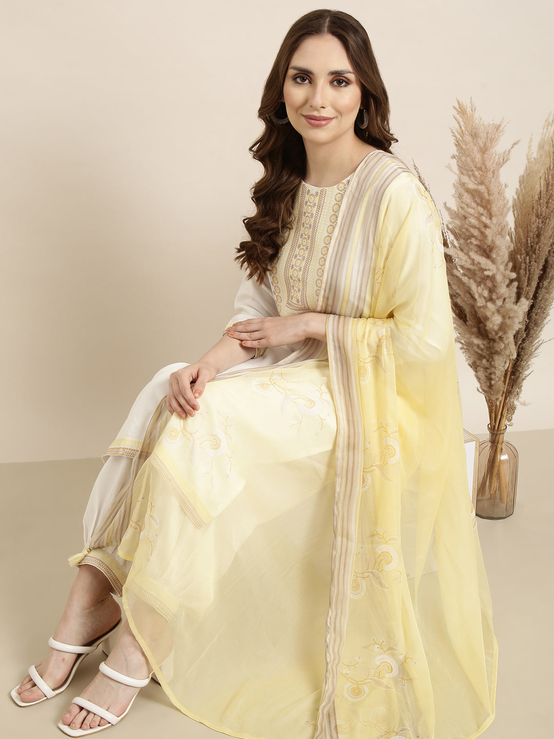 Women Straight Off White Solid Kurta and Patiala Set Comes With Dupatta