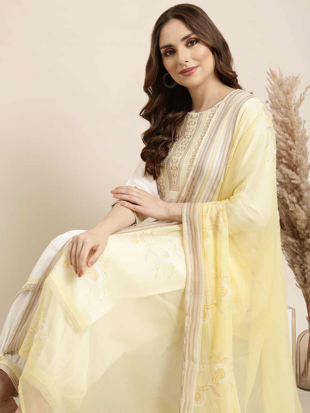 Women Straight Off White Solid Kurta and Patiala Set Comes With Dupatta