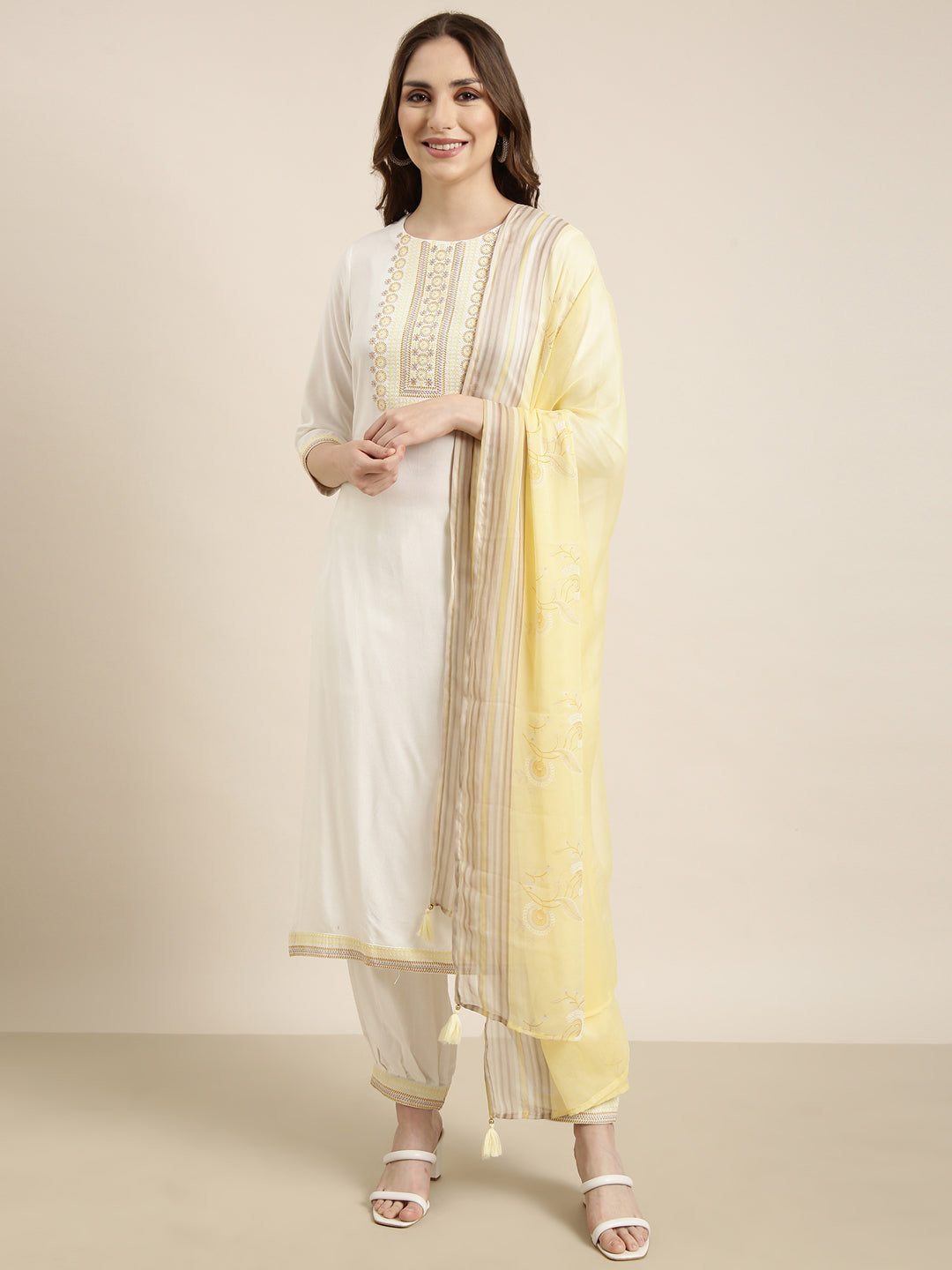 Women Straight Off White Solid Kurta and Patiala Set Comes With Dupatta