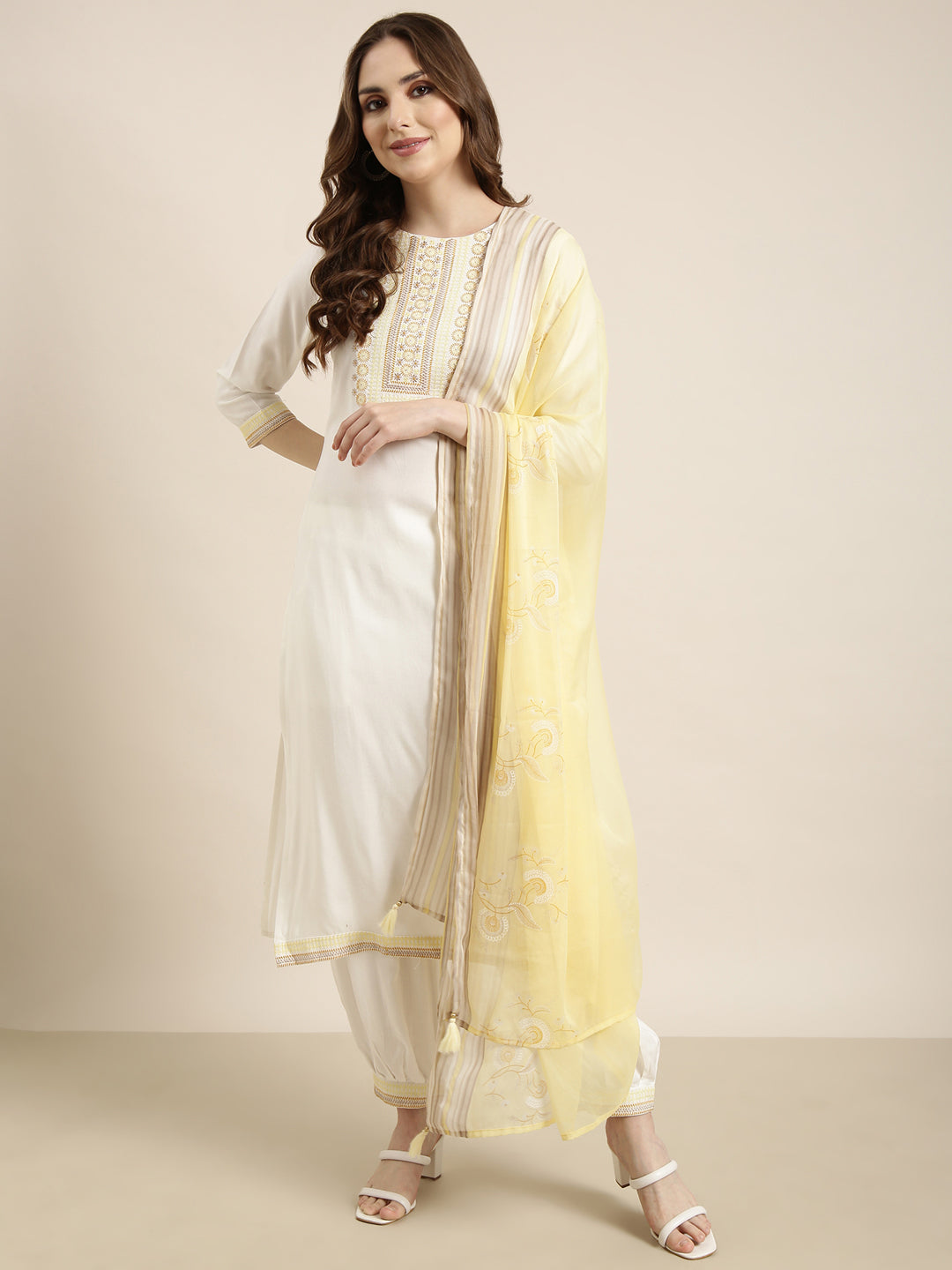 Women Straight Off White Solid Kurta and Patiala Set Comes With Dupatta