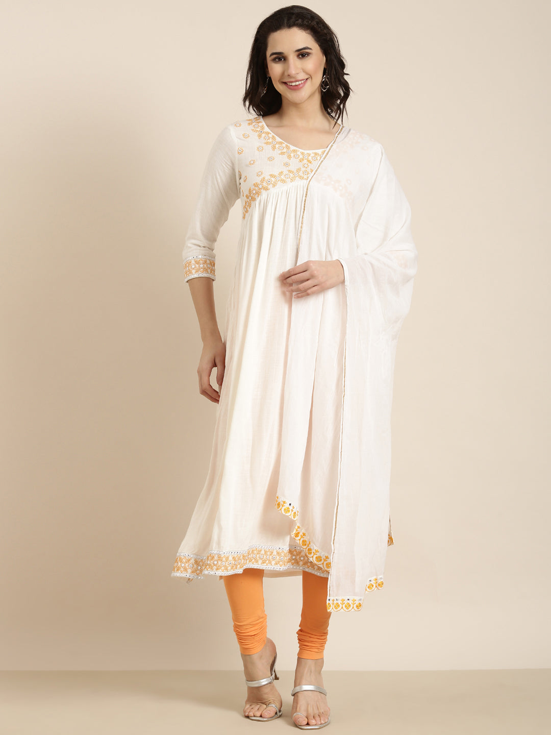 Women Straight Off White Solid Kurta Comes with Dupatta