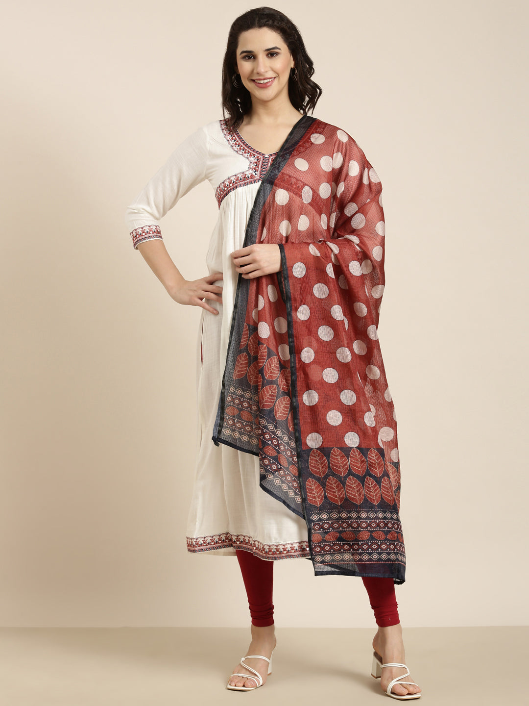 Women Anarkali Cream Solid Kurta Comes with Dupatta