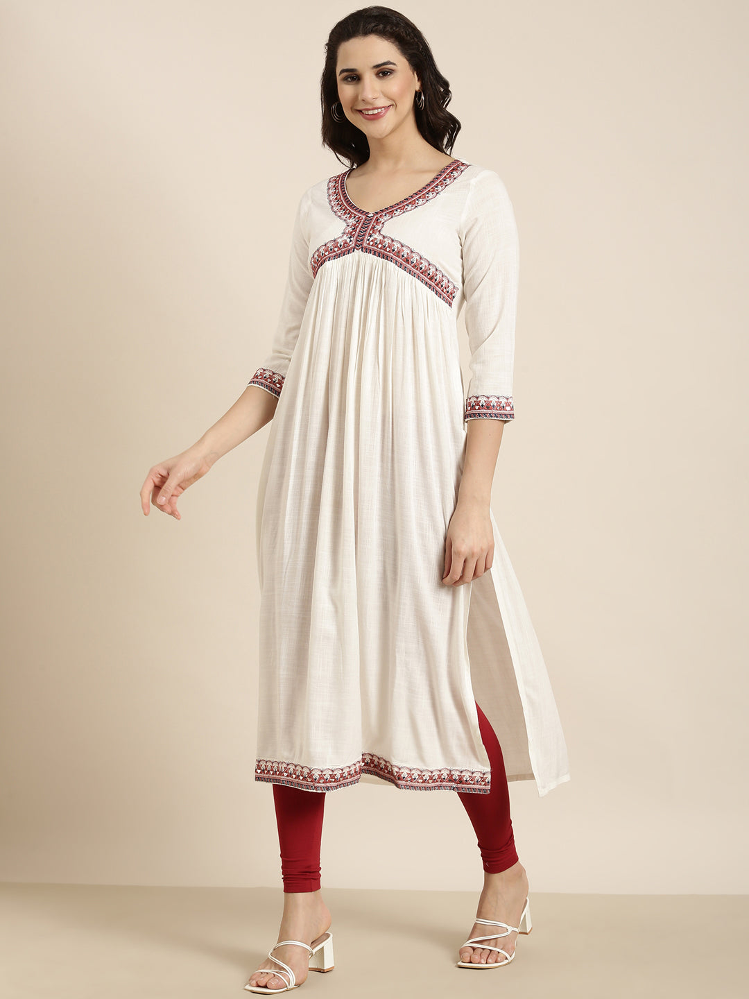 Women Anarkali Cream Solid Kurta Comes with Dupatta