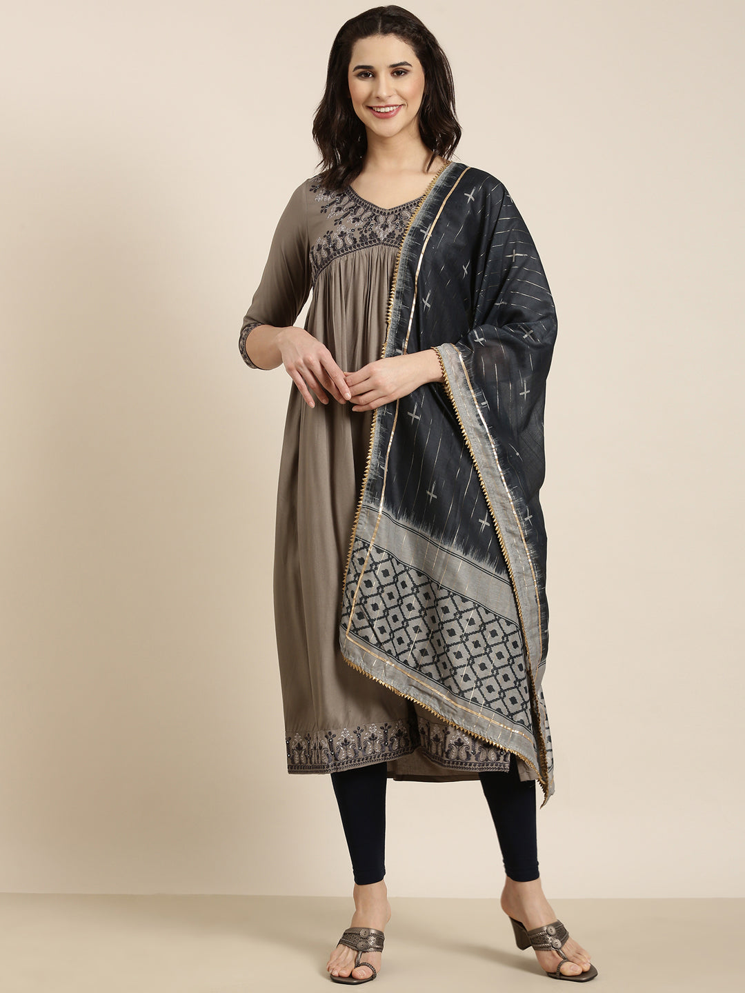 Women Anarkali Grey Solid Kurta Comes with Dupatta