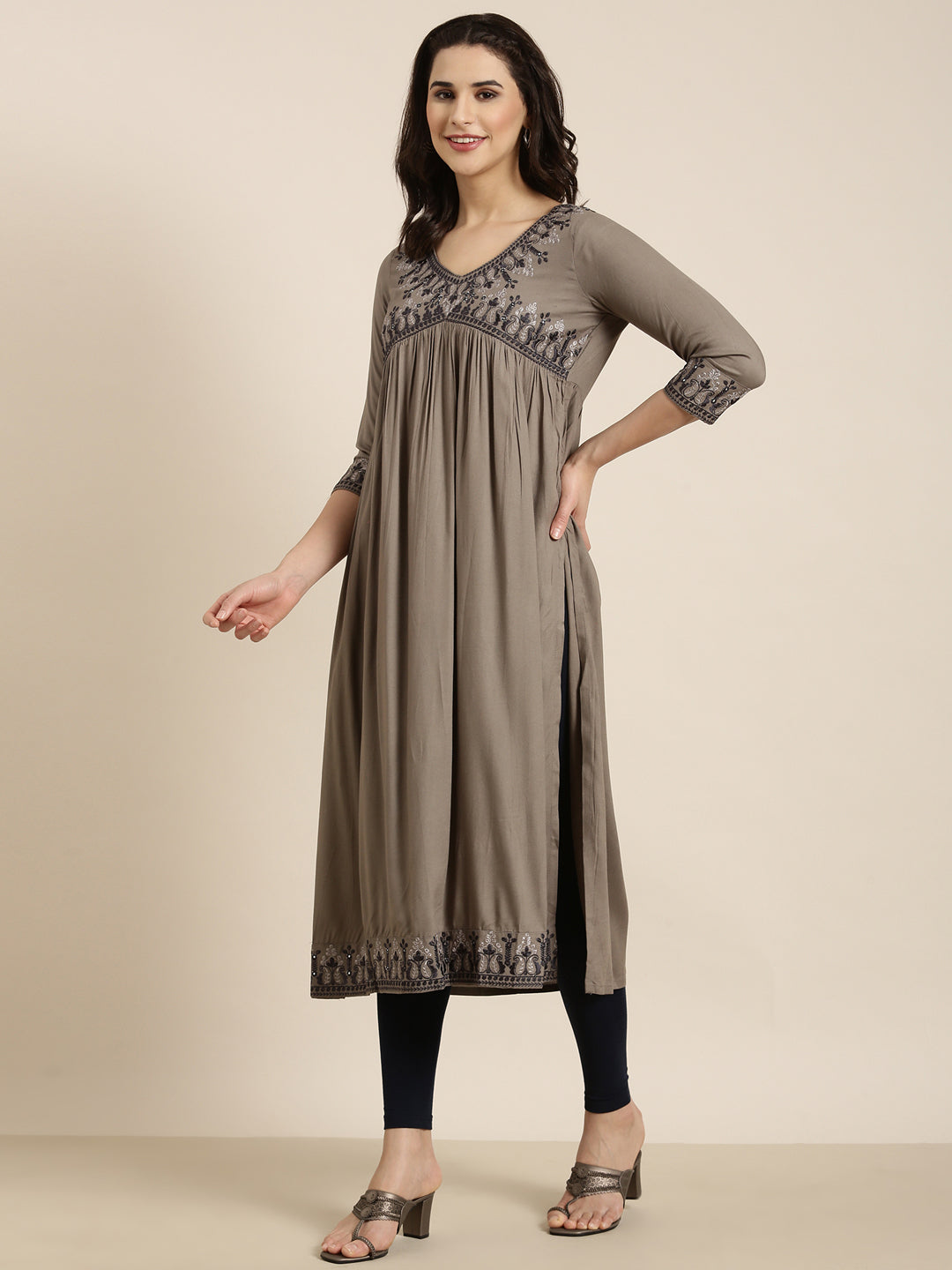 Women Anarkali Grey Solid Kurta Comes with Dupatta