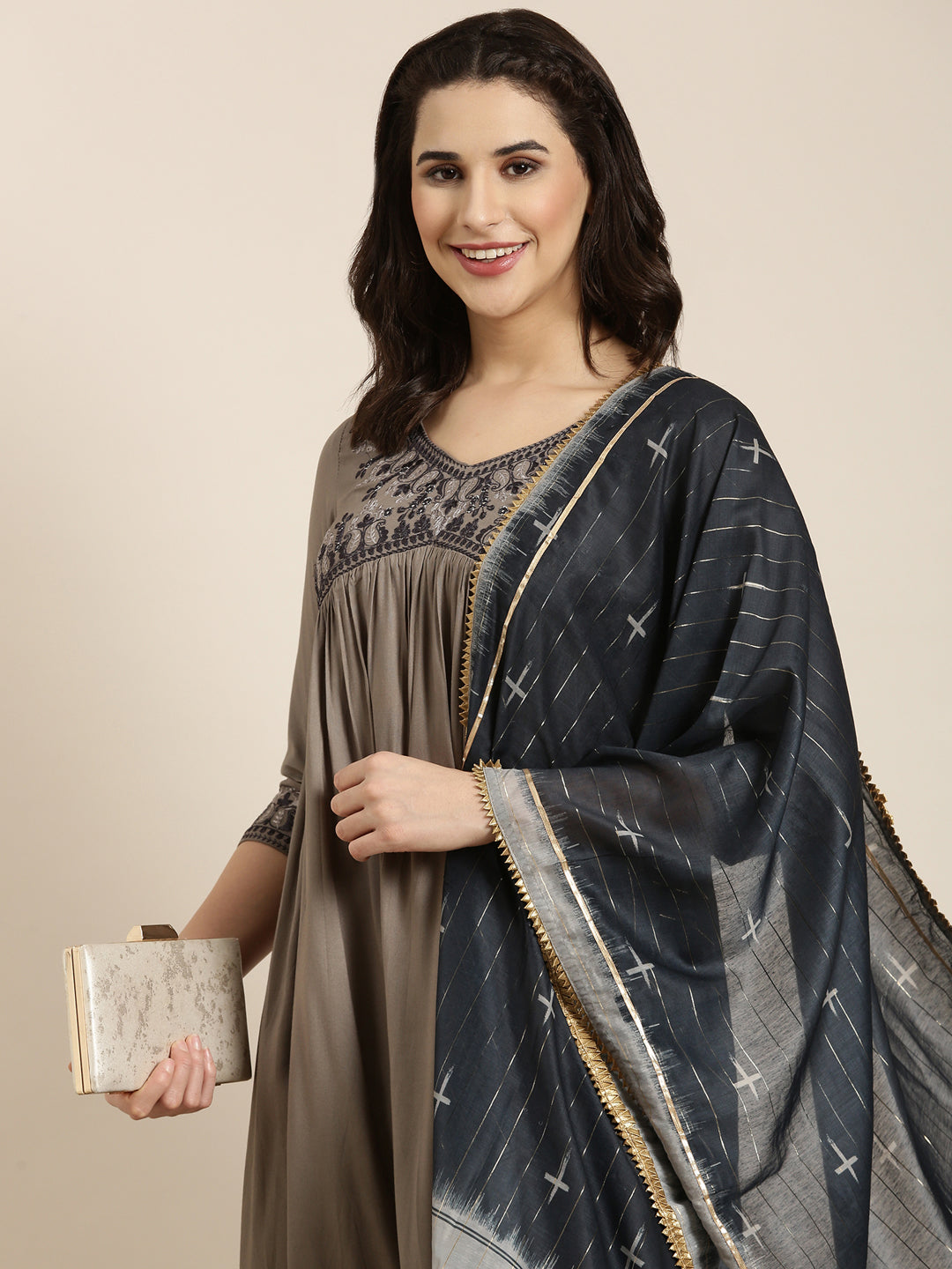 Women Anarkali Grey Solid Kurta Comes with Dupatta