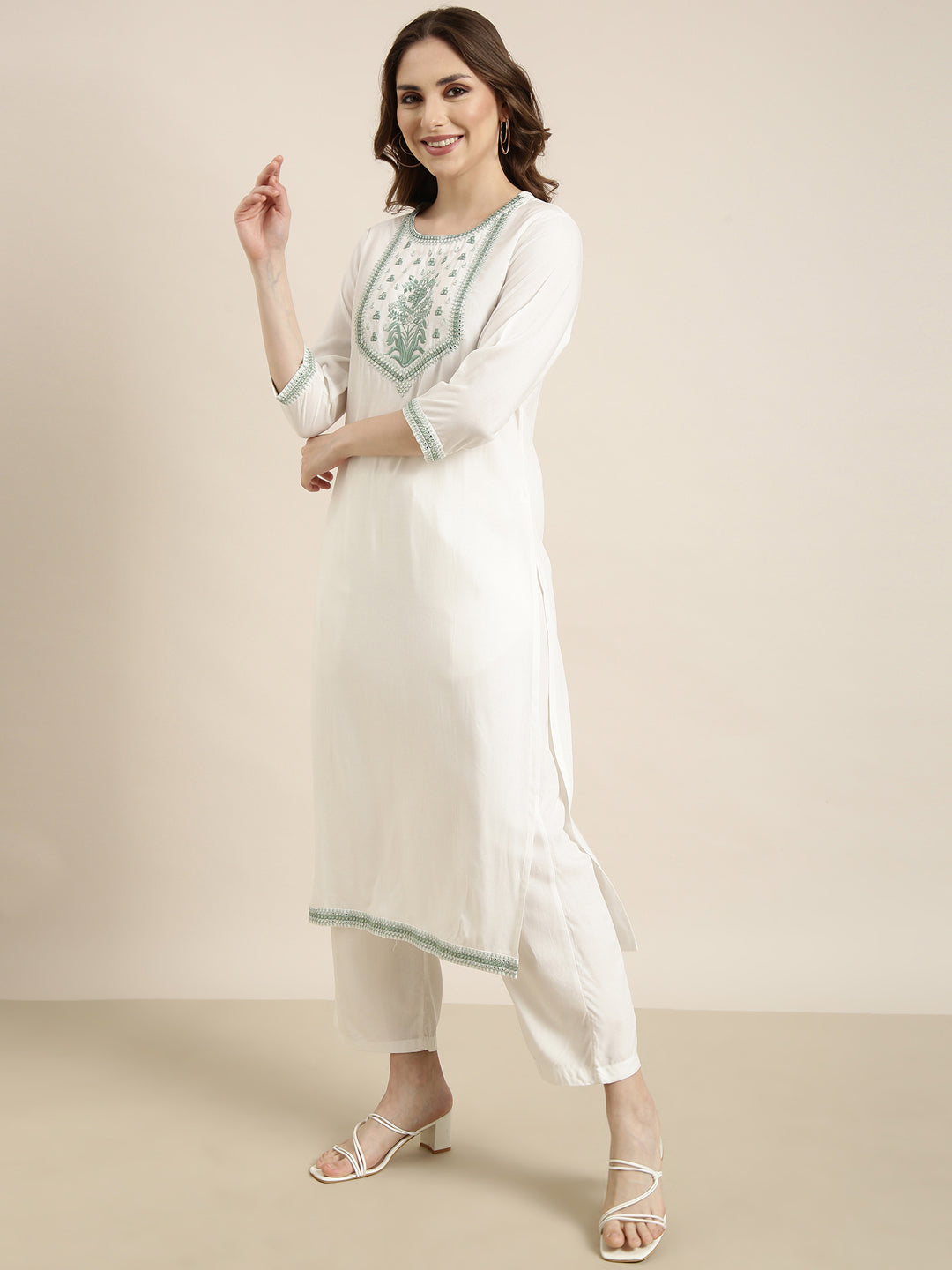 Women Straight White Solid Kurta and Trousers Set Comes With Dupatta