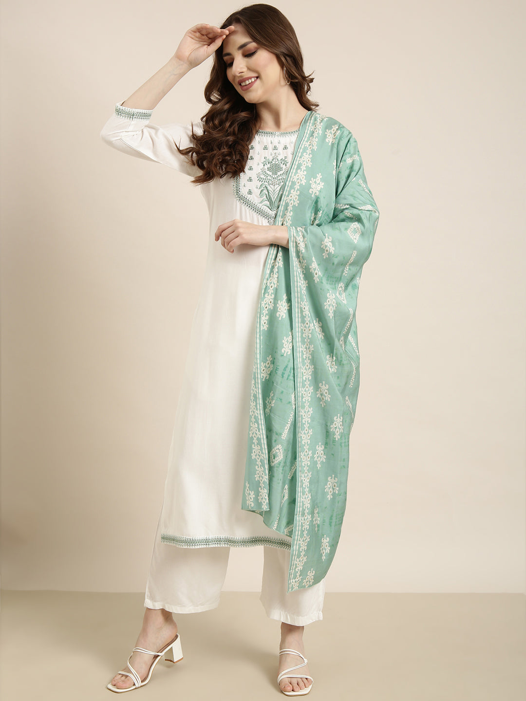 Women Straight White Solid Kurta and Trousers Set Comes With Dupatta