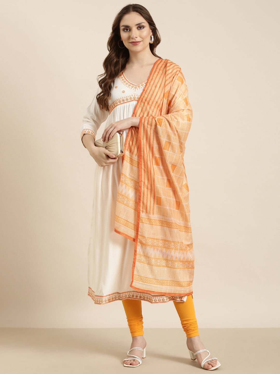 Women Straight Off White Solid Kurta Comes with Dupatta