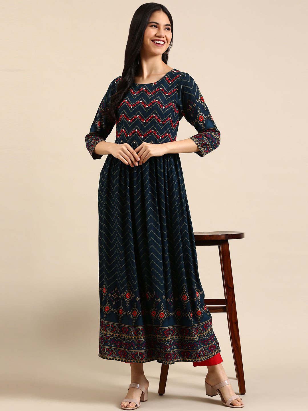 Women's Blue Printed Anarkali Kurta