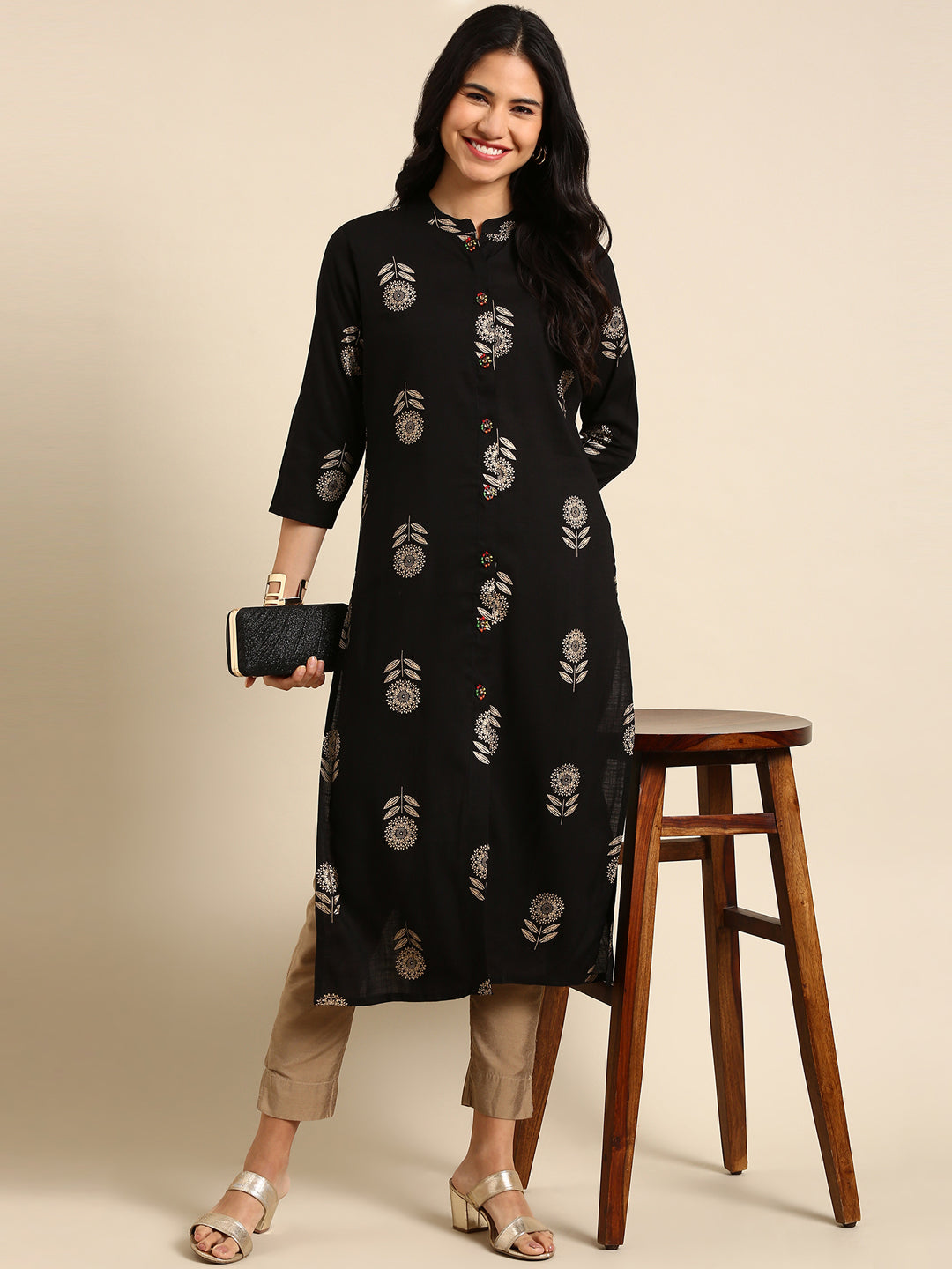 Women's Black Printed Straight Kurta