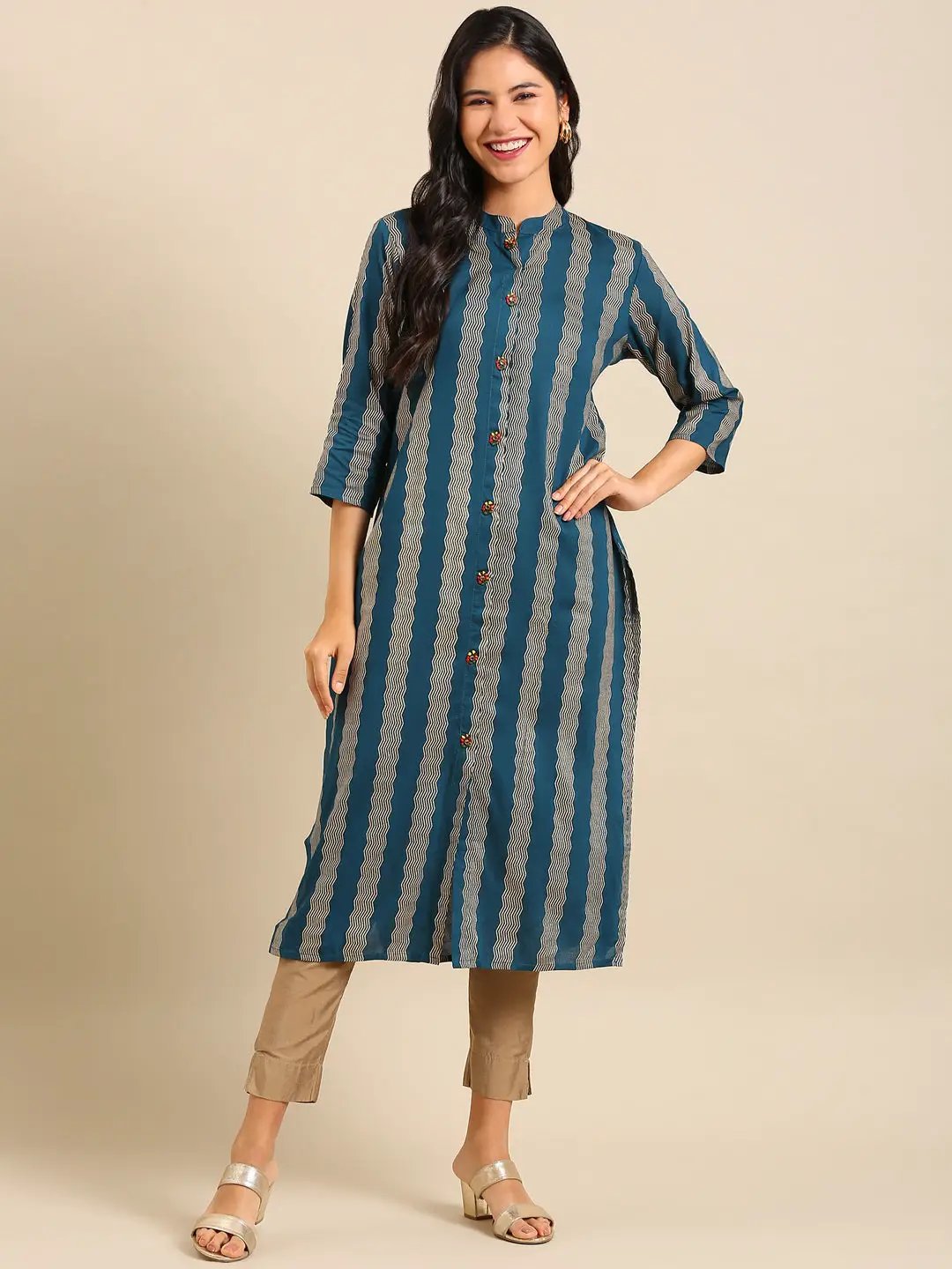 Women's Teal Embellished Straight Kurta