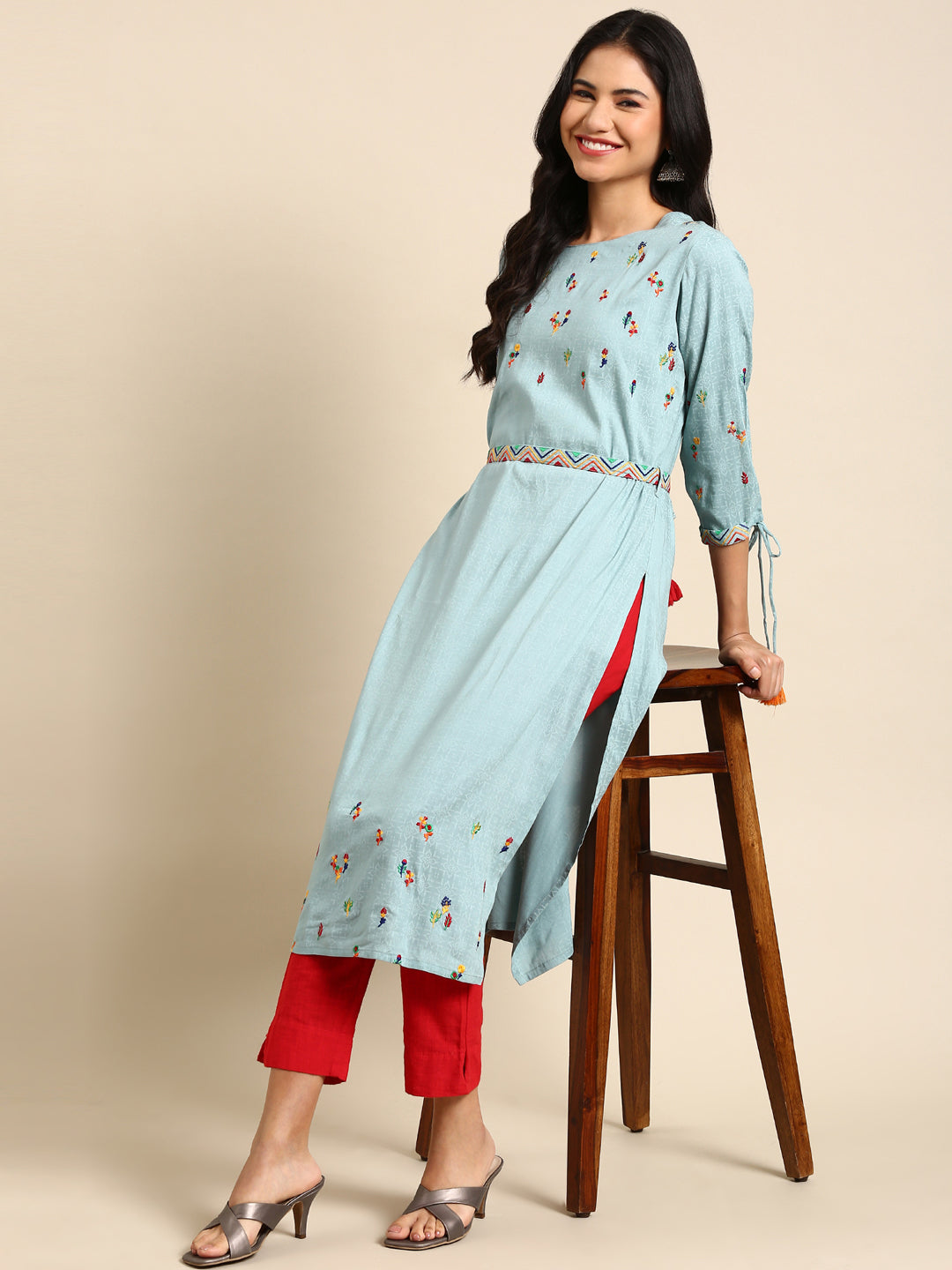 Women's Turquoise Blue Printed Straight Kurta