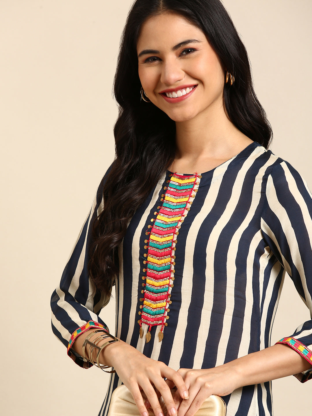 Women's Navy Blue Striped Straight Kurta