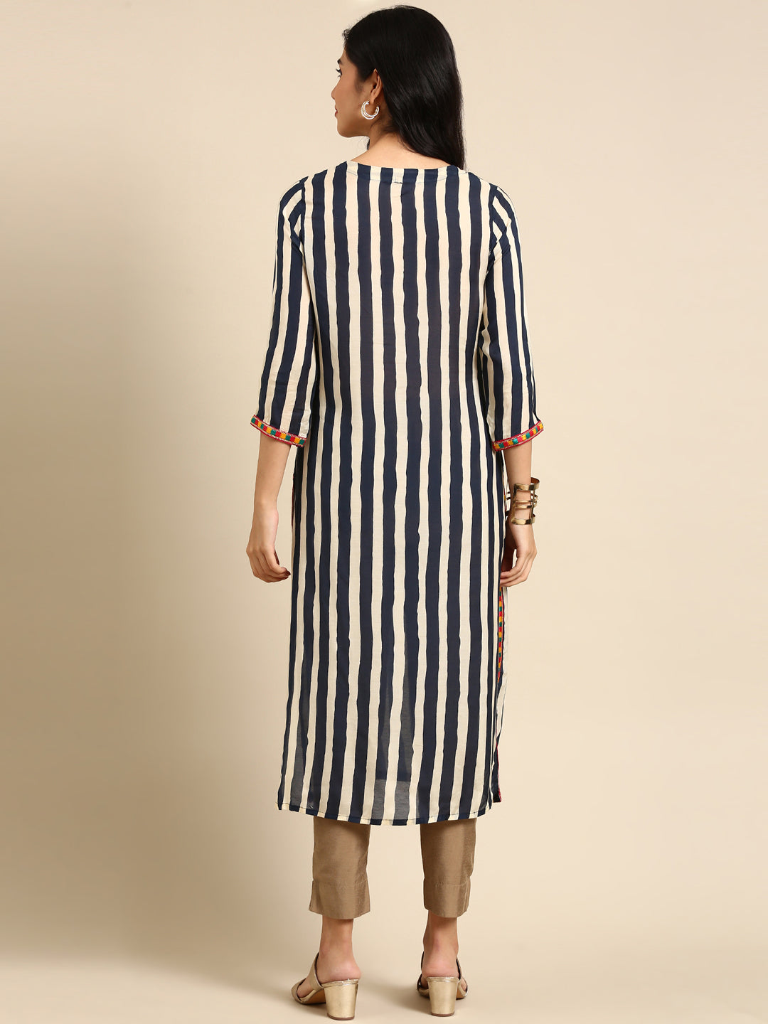 Women's Navy Blue Striped Straight Kurta