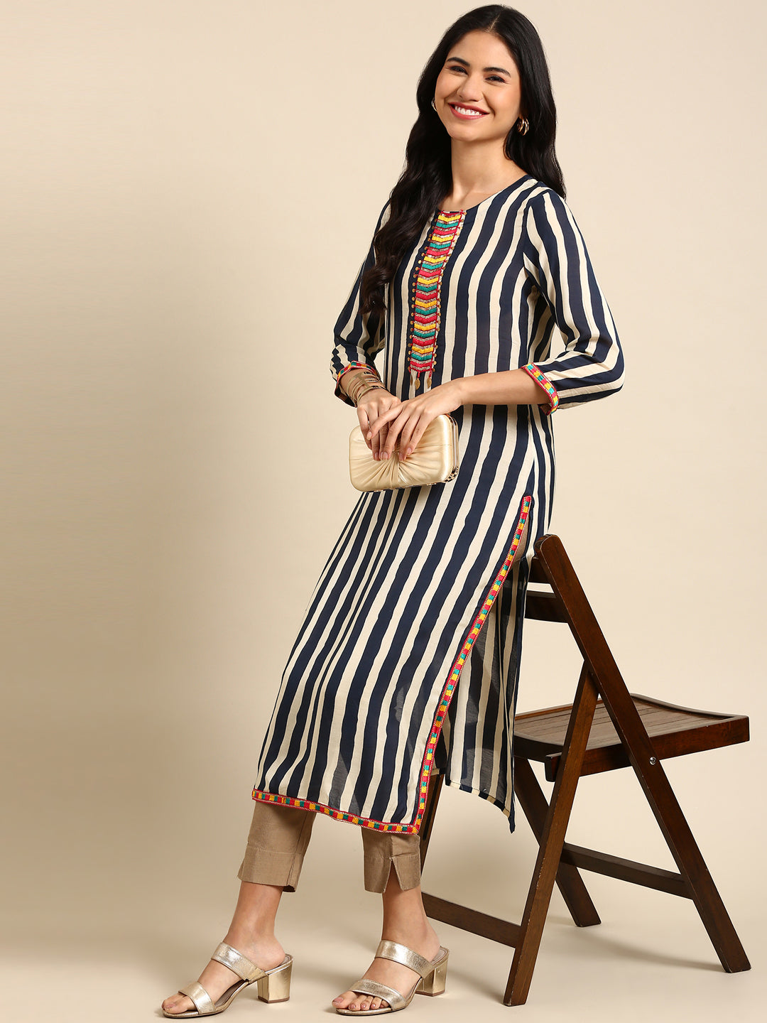 Women's Navy Blue Striped Straight Kurta