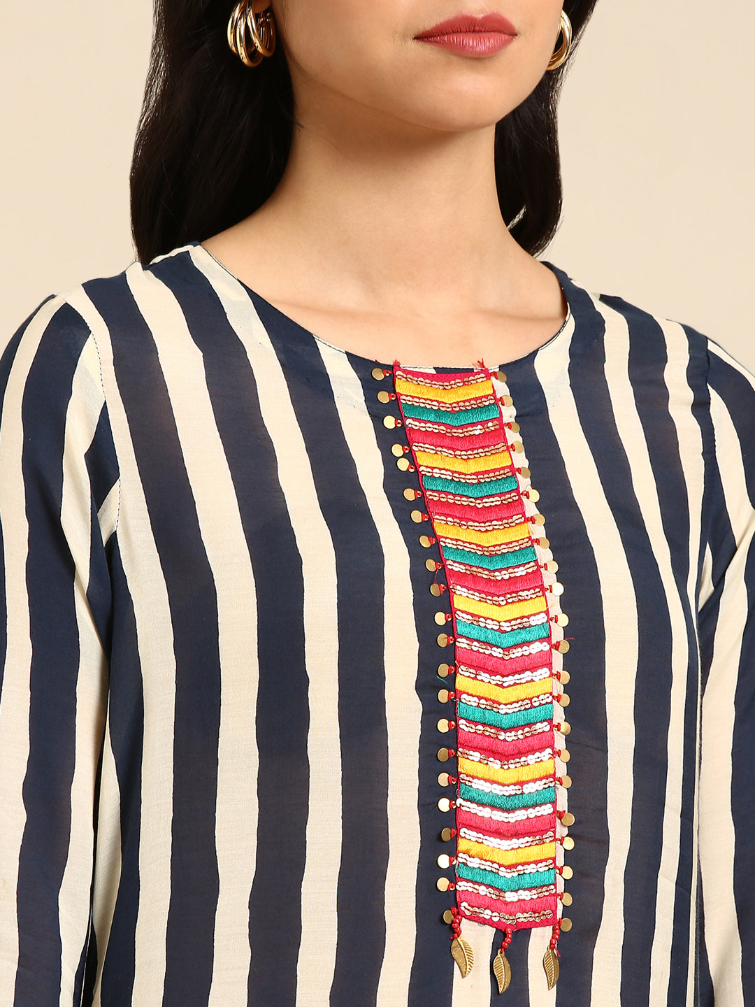 Women's Navy Blue Striped Straight Kurta