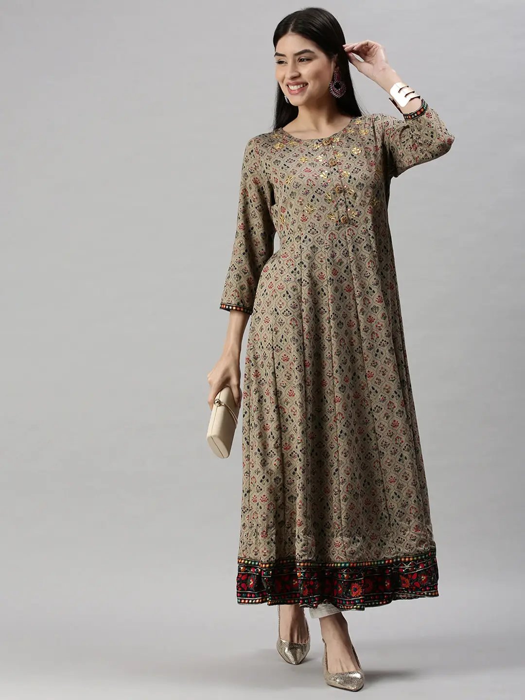 Women's Brown Floral Anarkali Kurta