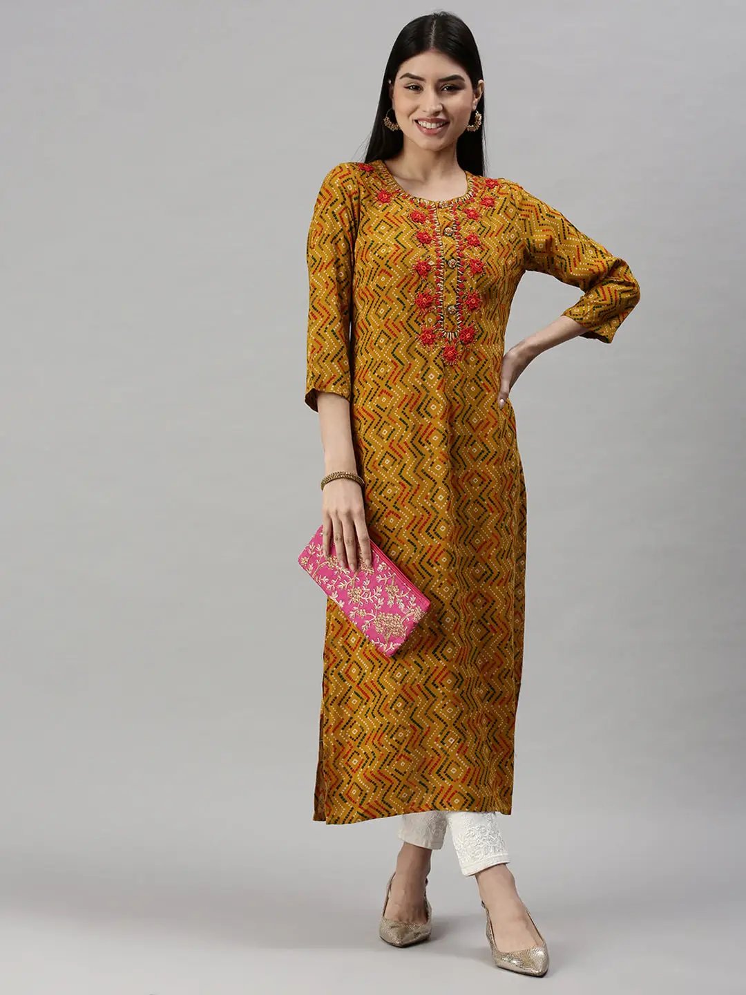 Women's Yellow Printed Straight Kurta