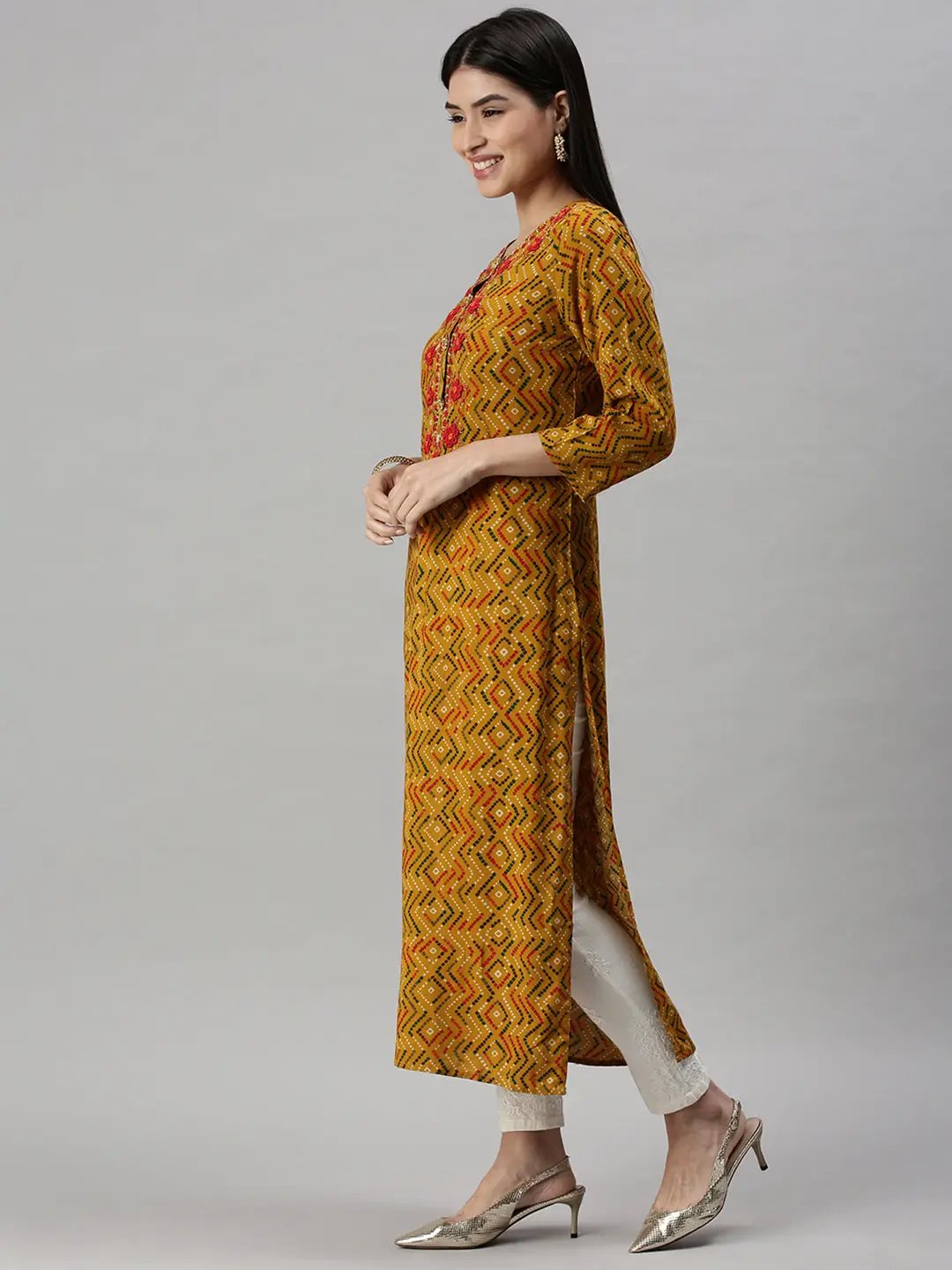 Women's Yellow Printed Straight Kurta
