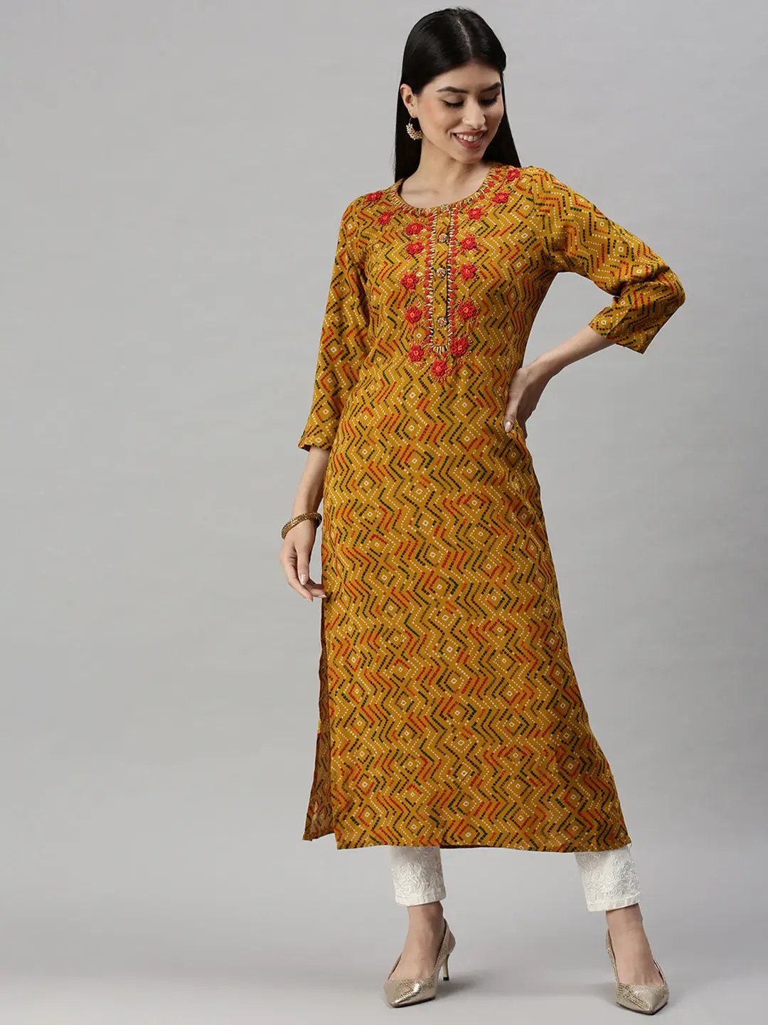 Women's Yellow Printed Straight Kurta