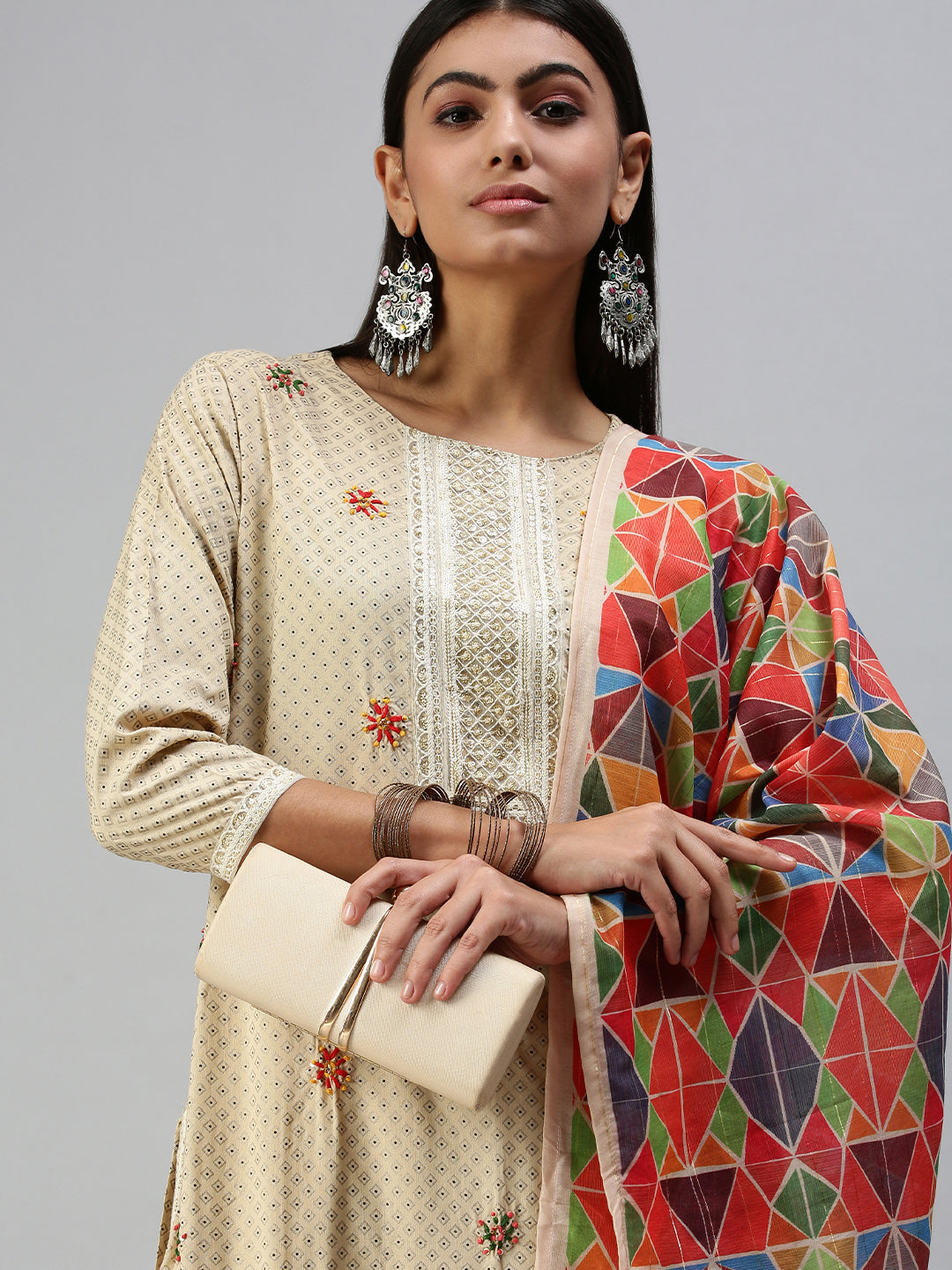 Women's Beige Printed Kurta Sets