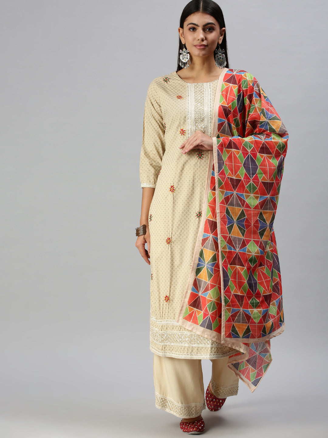 Women's Beige Printed Kurta Sets