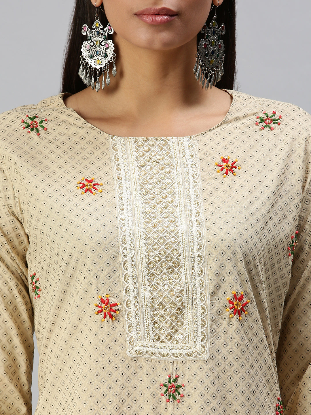 Women's Beige Printed Kurta Sets