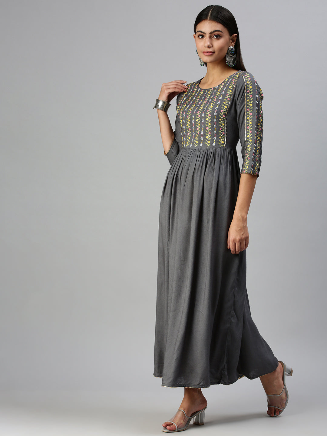 Women's Grey Floral Anarkali Kurta