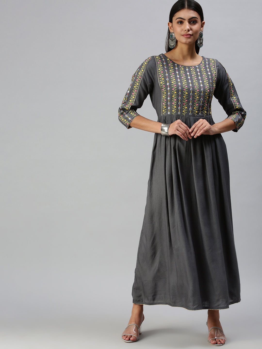 Women's Grey Floral Anarkali Kurta