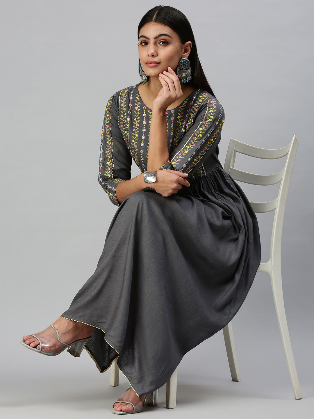 Women's Grey Floral Anarkali Kurta