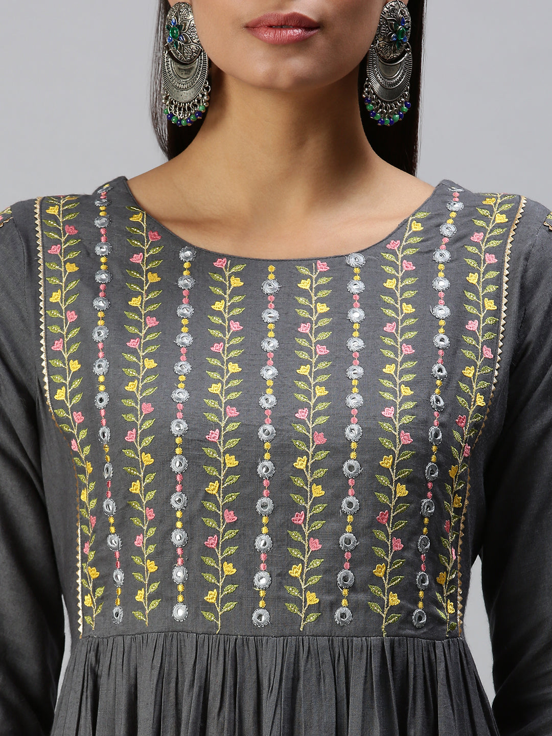 Women's Grey Floral Anarkali Kurta