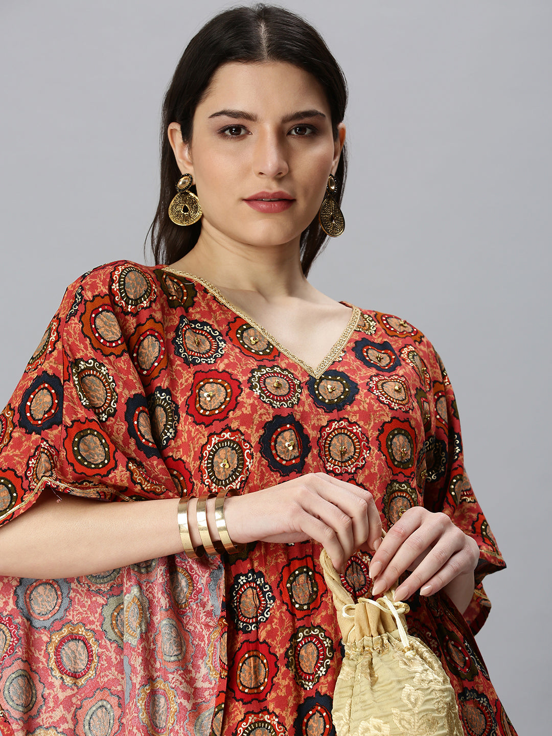 Women's Coral Ethnic Motifs Printed Kaftan Kurta