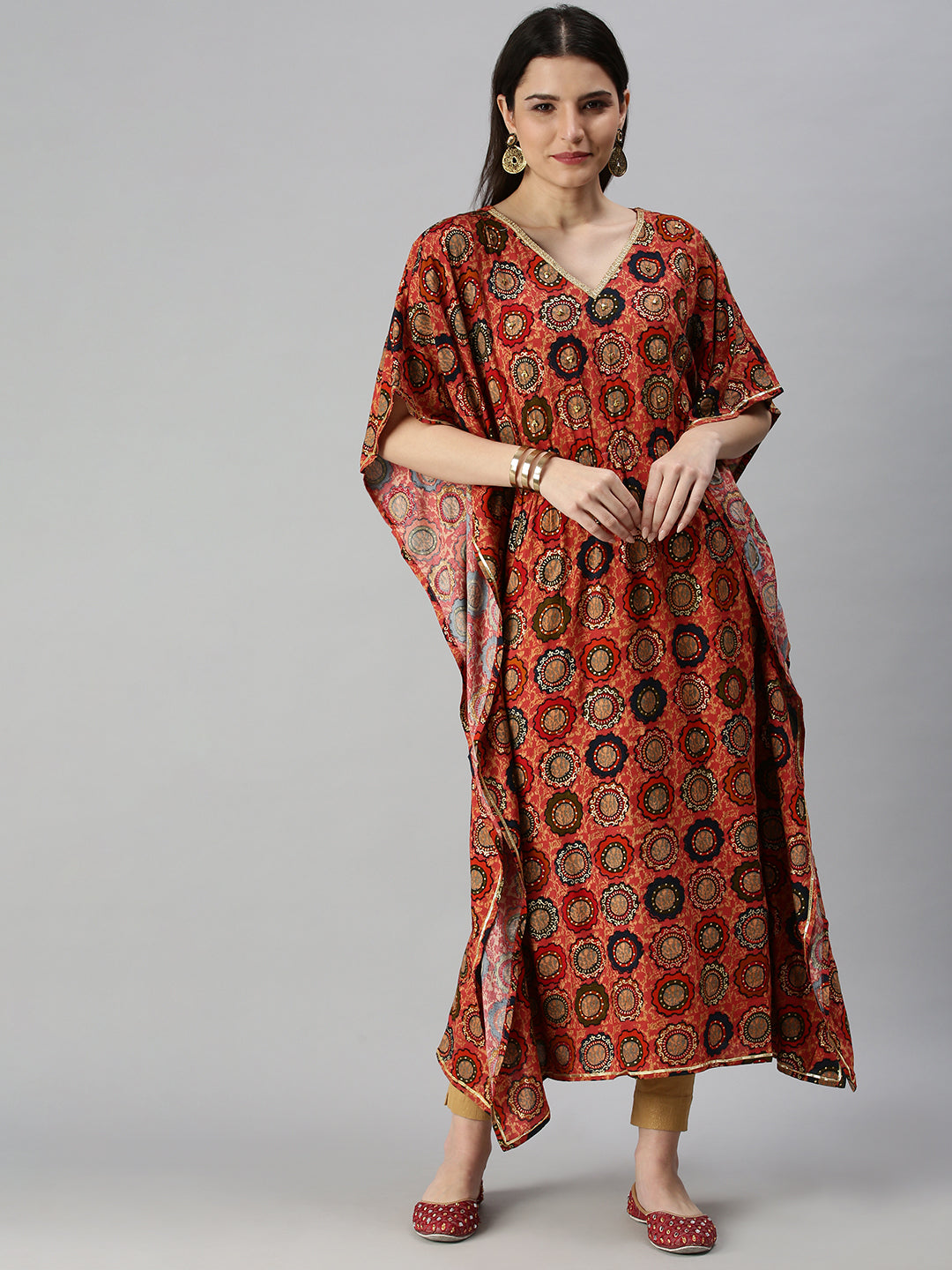 Women's Coral Ethnic Motifs Printed Kaftan Kurta
