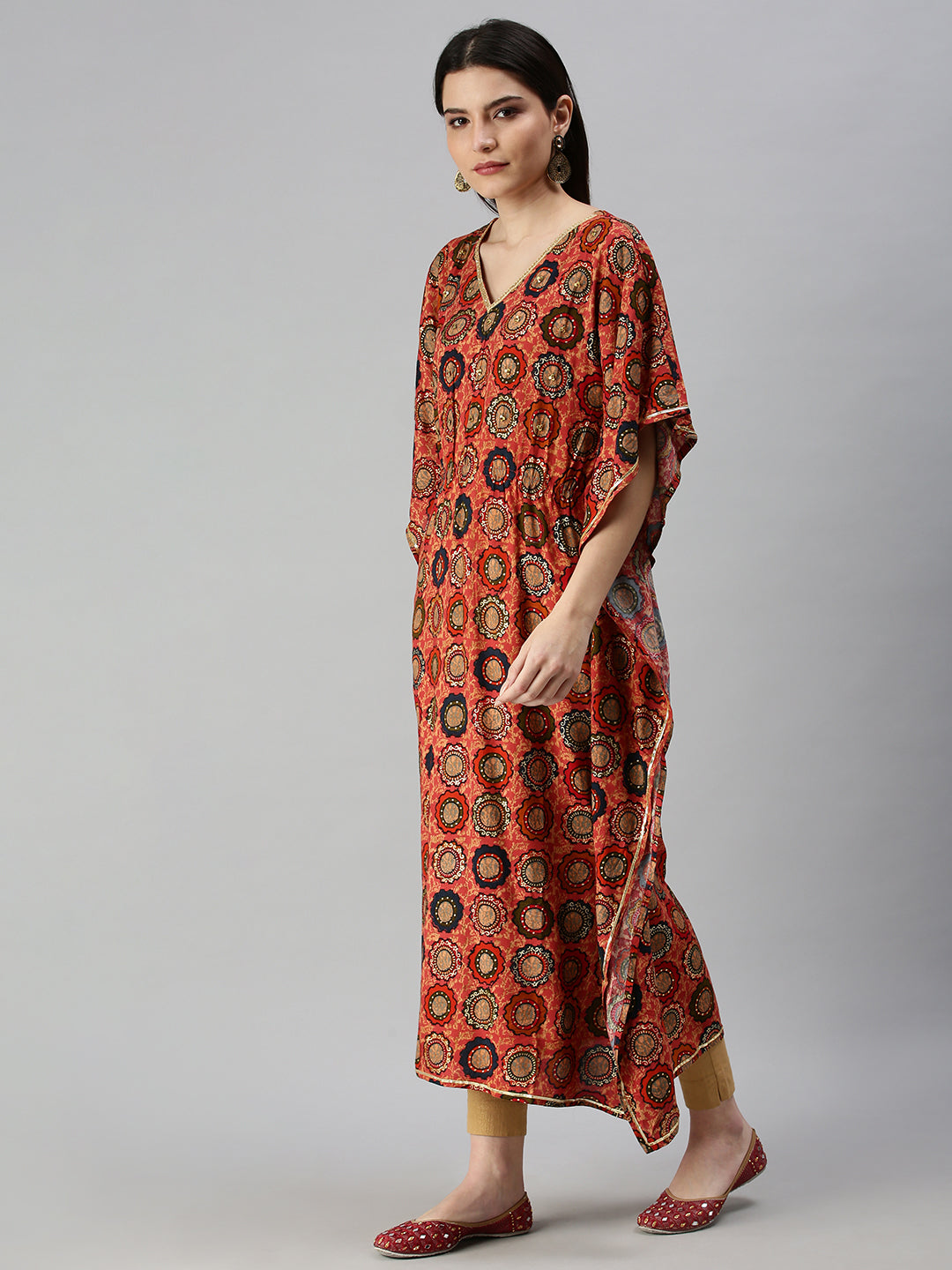 Women's Coral Ethnic Motifs Printed Kaftan Kurta