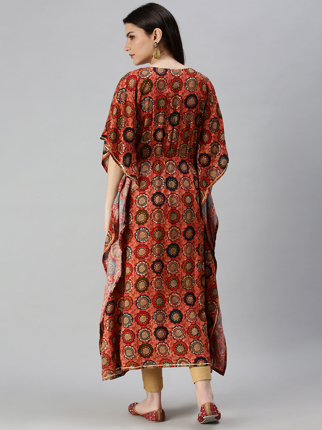 Women's Coral Ethnic Motifs Printed Kaftan Kurta