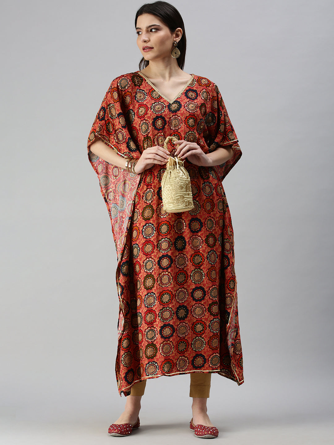 Women's Coral Ethnic Motifs Printed Kaftan Kurta