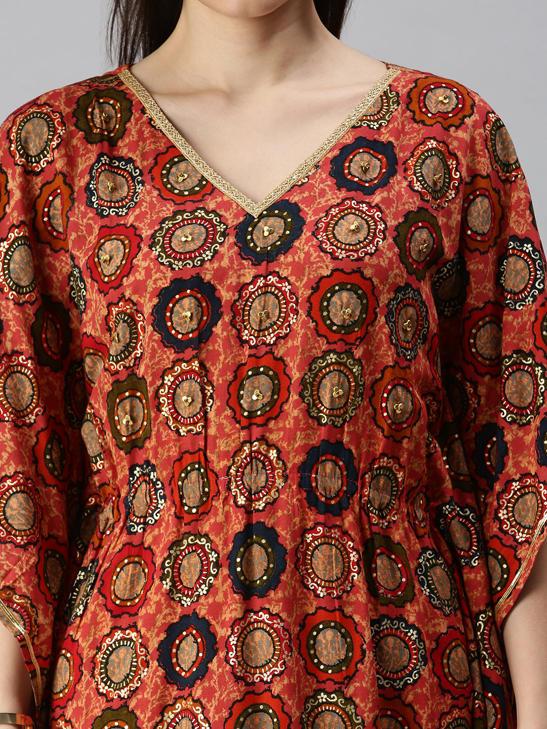 Women's Coral Ethnic Motifs Printed Kaftan Kurta