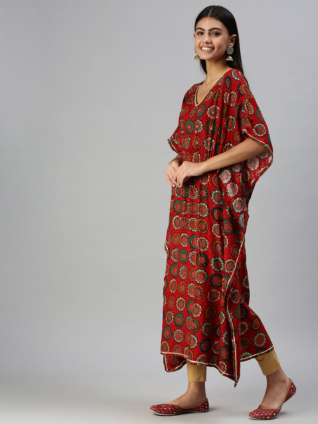 Women's Red Printed Kaftan Kurta