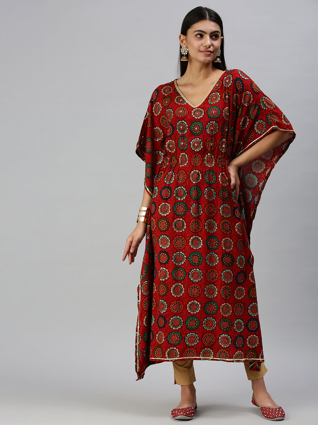 Women's Red Printed Kaftan Kurta