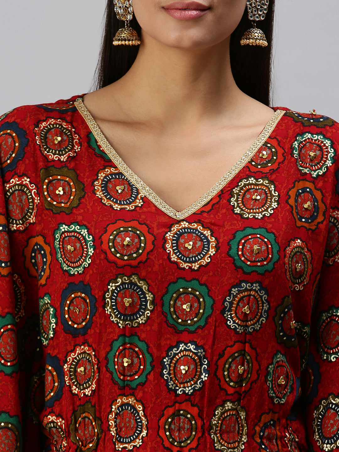 Women's Red Printed Kaftan Kurta