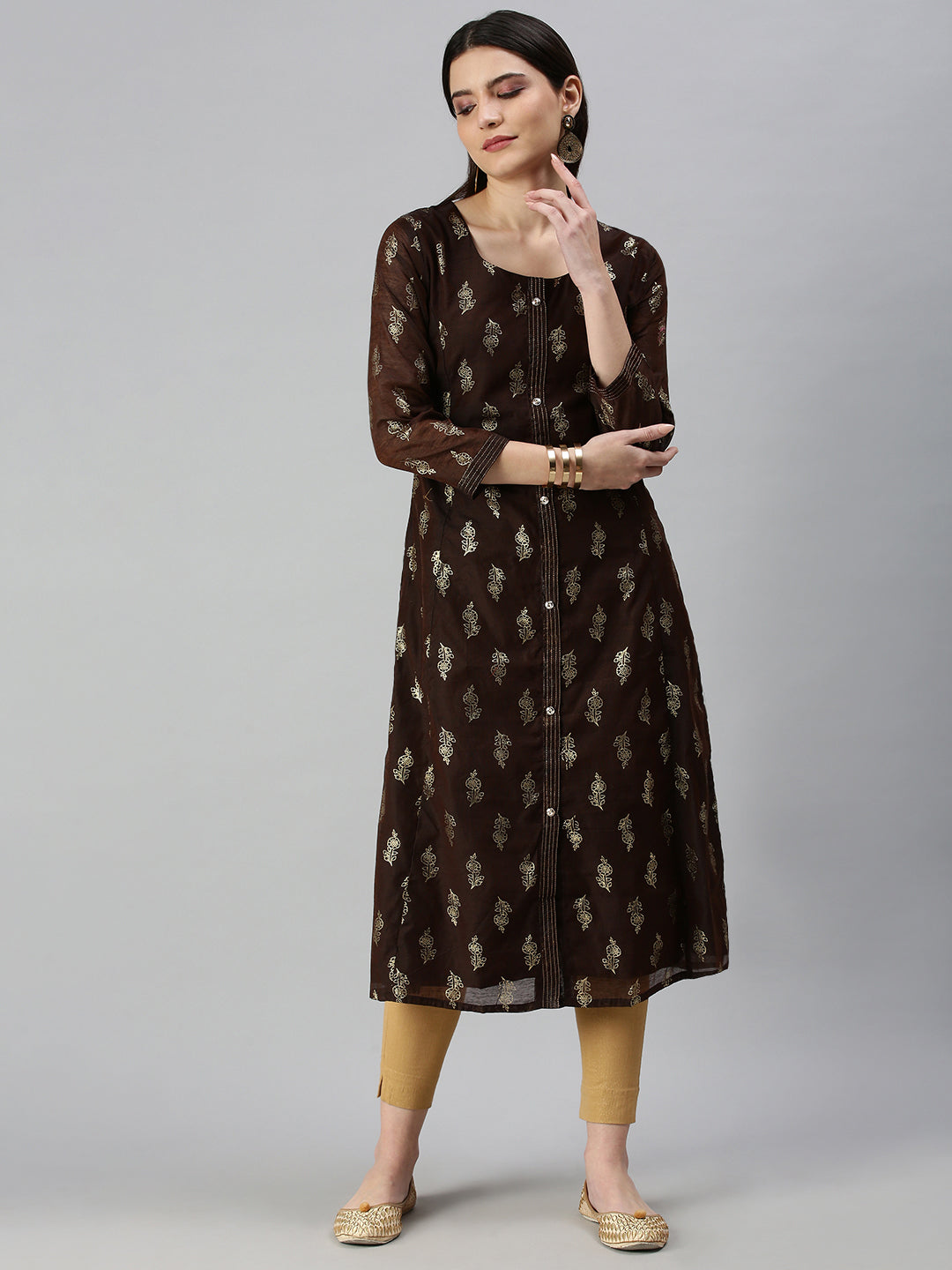 Women's Brown Printed Straight Kurta