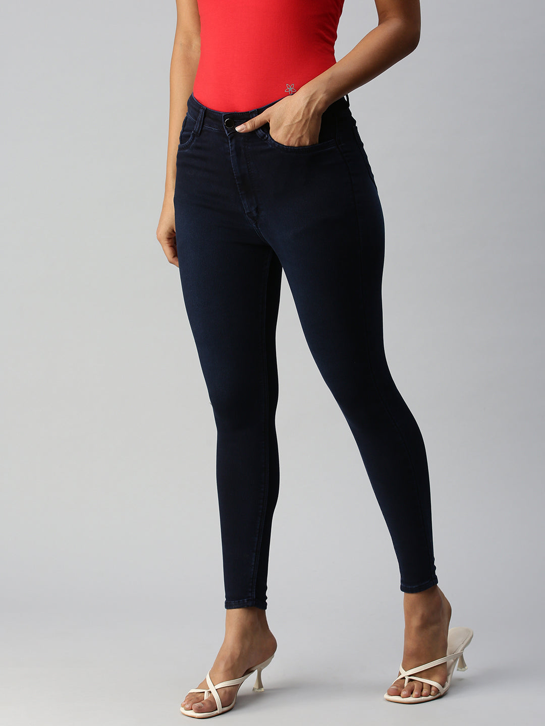 Women's Navy Blue Solid Denim Skinny Jeans