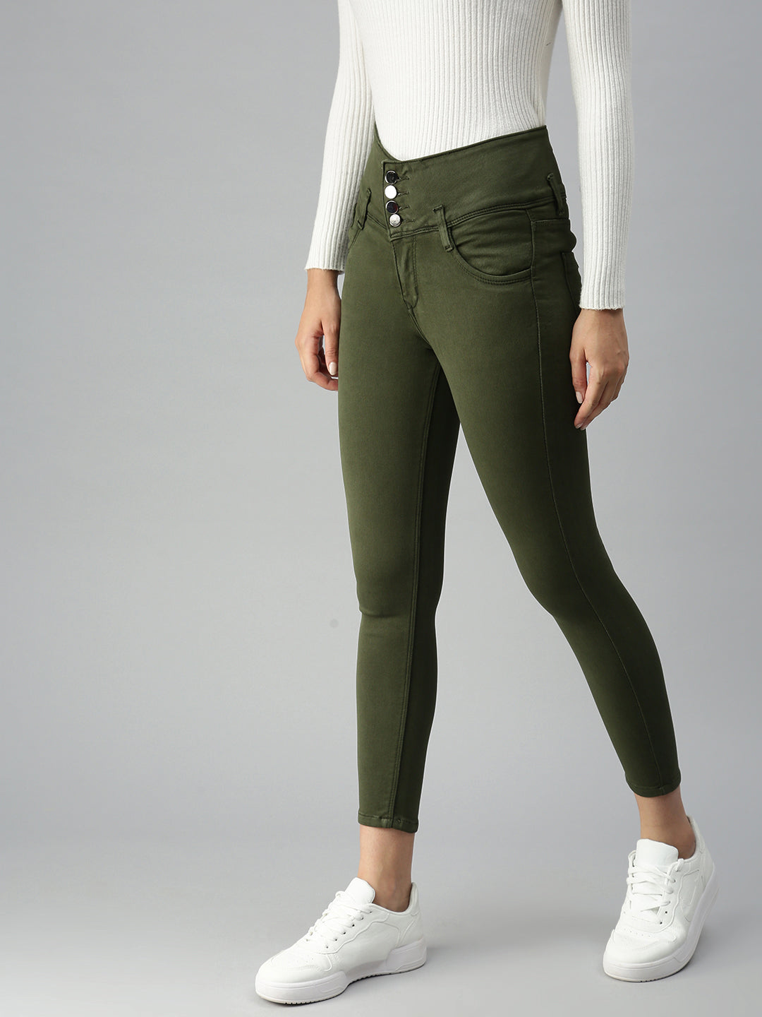 Women's Olive Solid Denim Skinny Jeans